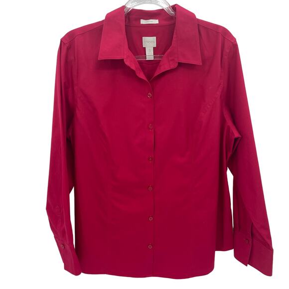 CHICO's Womens Button Down Shirt Size 3 US Size XL Red Crisp Long Sleeve Top - Picture 1 of 8